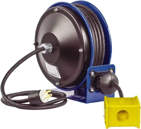 CoxReels - 12 AWG, 30' Cable Length, Cord & Cable Reel with Quad Outlet End - 4 Outlets, NEMA 5-20R, 20 Amps, 115 Volts, SJO Cable, Blue Reel, Spring Driven Reel - Benchmark Tooling