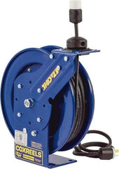 CoxReels - 12 AWG, 50' Cable Length, Cord & Cable Reel with Quad Outlet End - 4 Outlets, NEMA 5-20R, 20 Amps, 115 Volts, SJO Cable, Blue Reel, Spring Driven Reel - Benchmark Tooling
