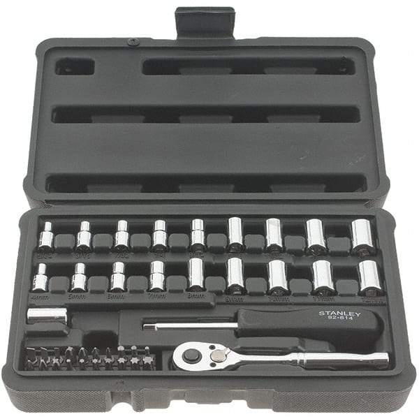 Stanley - 41 Piece 1/4" Drive Chrome Finish Socket Set - 12 Points, 5/32" to 11/16" (4mm to 17mm) Range, Inch/Metric Measurement Standard - Benchmark Tooling