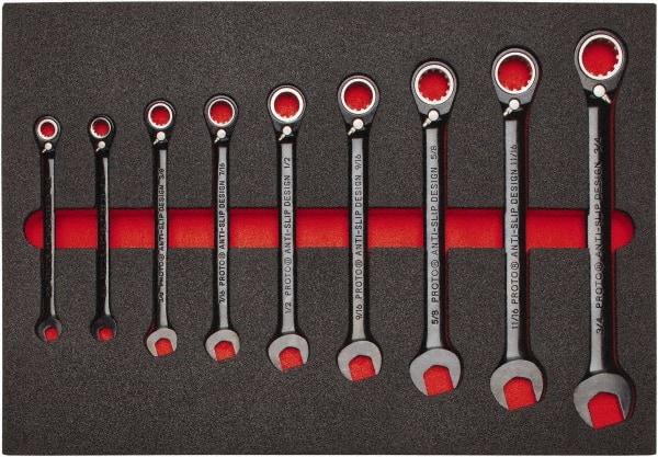 Proto - 9 Piece, 9/32" to 3/4", Spline Combination Wrench Set - Inch Measurement Standard, Black/Chrome Finish, Comes in Roll Pouch - Benchmark Tooling