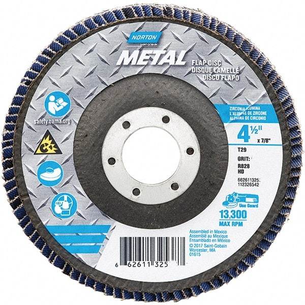 Norton - 60 Grit, 4-1/2" Disc Diam, 7/8" Center Hole, Type 29 Zirconia Alumina Flap Disc - 13,300 Max RPM, Fiberglass Backing, Arbor Attaching System, Coated - Benchmark Tooling