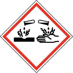 NMC - Hazardous Materials Label, Header: Corrosive Warning - Legend: GHS - Graphic, English, Black & Red, 2" Long x 2" High, No Coating - Benchmark Tooling