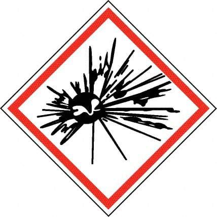 NMC - Hazardous Materials Label, Header: Explosive Warning - Legend: GHS - Graphic, English, Black & Red, 2" Long x 2" High, No Coating - Benchmark Tooling