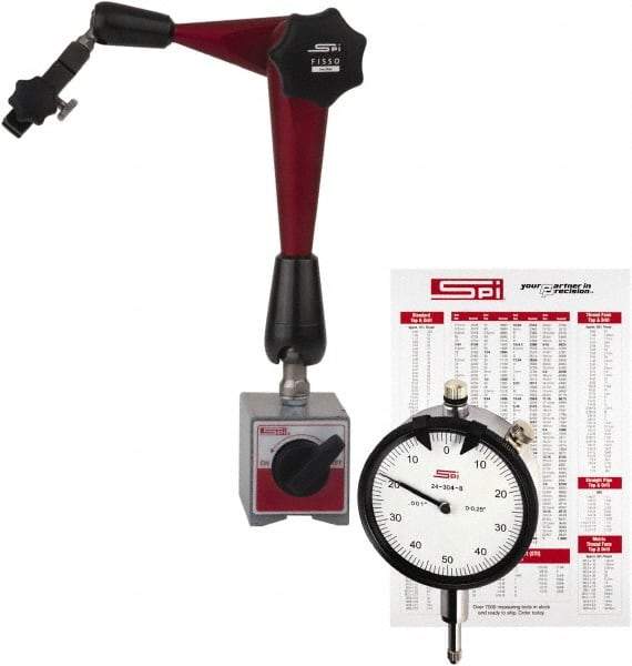 SPI - 0.001" Graduation, 1" Max Meas, 0-100 Dial Reading, Dial Indicator & Base Kit - 2-5/16" Base Length x 2-3/8" Base Width x 2 & 2-5/32" Base Height - Benchmark Tooling