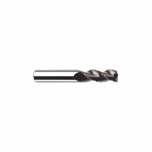 SGS - 1/4" Diam, Coarse Pitch, 3/4" LOC, 3 Flute Solid Carbide 0.02" Corner Radius Roughing End Mill - TiB2 Finish, 2-1/2" OAL, 1/4" Shank Diam, Single End, Centercutting, 38° Helix - Benchmark Tooling