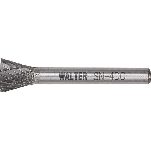 WALTER Surface Technologies - 1/4" Cut Diam, 1/4" Shank Diam, Inverted Cone Head Double Cut Burr - Tungsten Carbide, 3/4" LOC, 4-3/4" OAL - Benchmark Tooling