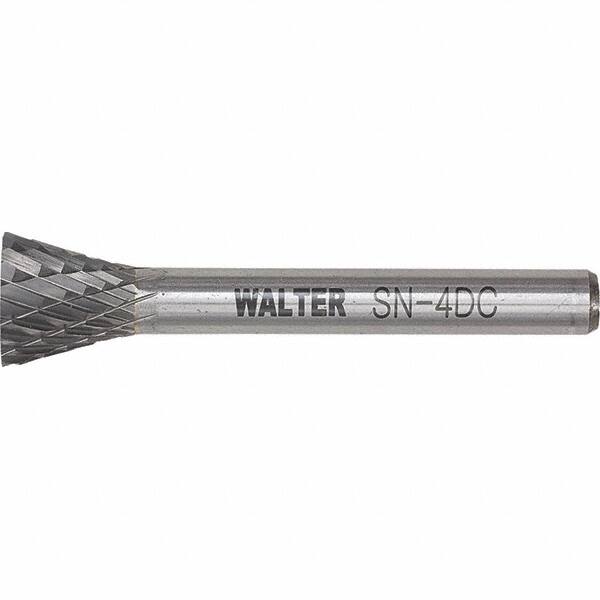 WALTER Surface Technologies - 1/4" Cut Diam, 1/4" Shank Diam, Inverted Cone Head Double Cut Burr - Tungsten Carbide, 1/2" LOC, 4-1/2" OAL - Benchmark Tooling