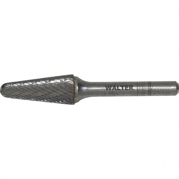 WALTER Surface Technologies - 1-1/2" Cut Diam, 1/4" Shank Diam, Cone Head Single Cut Burr - Tungsten Carbide, 1-1/8" LOC, 5-5/8" OAL - Benchmark Tooling