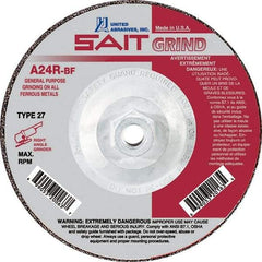 Sait - 24 Grit, 9" Wheel Diam, 1/4" Wheel Thickness, Type 27 Depressed Center Wheel - Aluminum Oxide, Resinoid Bond, R Hardness, 6,600 Max RPM, Compatible with Angle Grinder - Benchmark Tooling