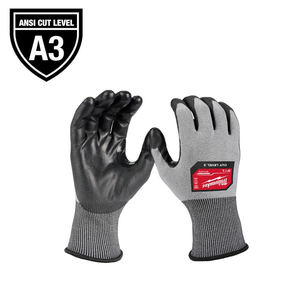 Puncture-Resistant Gloves: Size X-Large, ANSI Cut A3, ANSI Puncture 0, Polyurethane, Polyester, Polyethylene & Nitrile Black & Gray, Palm & Fingers Coated, Nitrile Lined, Polyester Back, Polyurethane Grip, ANSI Abrasion Not Tested
