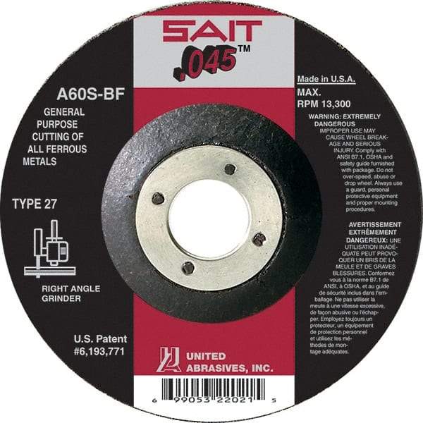 Sait - 60 Grit, 6" Wheel Diam, 7/8" Arbor Hole, Type 27 Depressed Center Wheel - Aluminum Oxide, Resinoid Bond, S Hardness, 10,200 Max RPM, Compatible with Angle Grinder - Benchmark Tooling