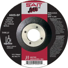 Sait - 60 Grit, 6" Wheel Diam, 7/8" Arbor Hole, Type 27 Depressed Center Wheel - Aluminum Oxide, Resinoid Bond, S Hardness, 10,200 Max RPM, Compatible with Angle Grinder - Benchmark Tooling
