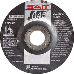 Sait - 46 Grit, 6" Wheel Diam, 7/8" Arbor Hole, Type 27 Depressed Center Wheel - Aluminum Oxide, Resinoid Bond, N Hardness, 10,200 Max RPM, Compatible with Angle Grinder - Benchmark Tooling