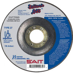 Sait - 6" Wheel Diam, 7/8" Arbor Hole, Type 27 Depressed Center Wheel - Ceramic, Resinoid Bond, 10,200 Max RPM, Compatible with Angle Grinder - Benchmark Tooling