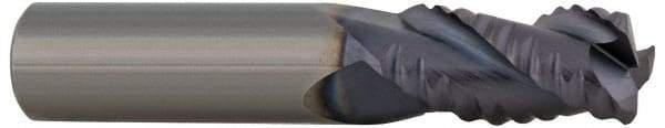 ProMax - 9/16" Diam, Coarse Pitch, 1-1/4" LOC, 4 Flute Solid Carbide 0.055-0.065" Corner Radius Roughing End Mill - TiCN Finish, 3-1/2" OAL, 9/16" Shank Diam, Single End, Centercutting, 30° Helix - Benchmark Tooling
