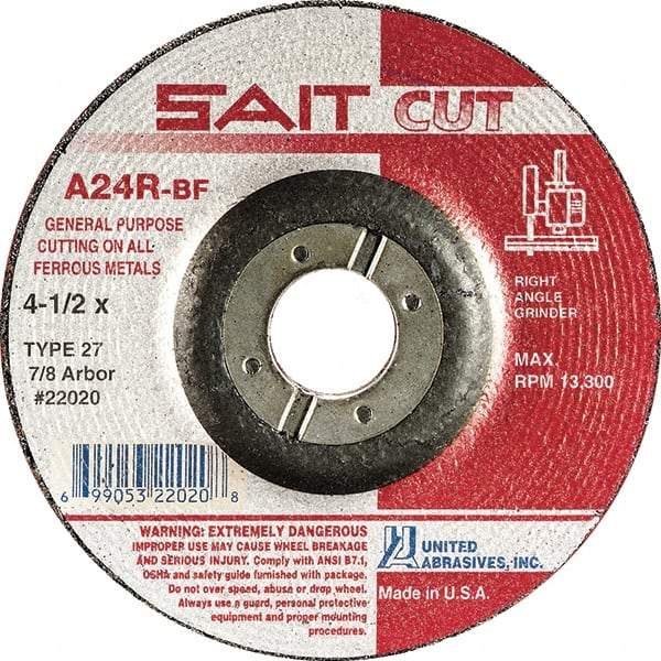 Sait - 3" 24 Grit Aluminum Oxide Cutoff Wheel - 1/8" Thick, 3/8" Arbor, 20,372 Max RPM, Use with Die Grinders - Benchmark Tooling