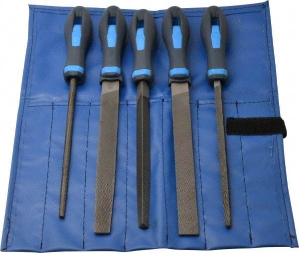 PFERD - 5 Piece American Pattern File Set - 8" Long, Bastard Coarseness, Ergonomic Handle, Set Includes Hand, Three Square, Square, Round, Tapered Half Round - Benchmark Tooling