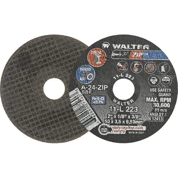 WALTER Surface Technologies - 2" 24 Grit Aluminum Oxide Cutoff Wheel - 1/8" Thick, 3/8" Arbor, 30,600 Max RPM, Use with Die Grinders - Benchmark Tooling
