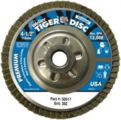 Weiler - 4-1/2" 36 Grit 5/8-11 Center Hole Type 29 Zirconia Alumina Flap Disc - Benchmark Tooling