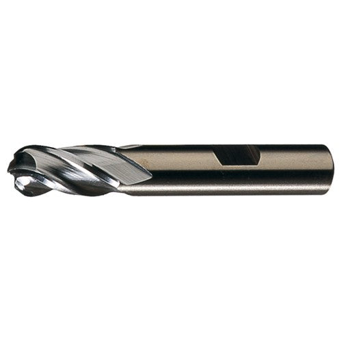 3/4″ Dia. × 3/4″ Shank × 1-5/8″ DOC × 3-7/8″ OAL, HSSCoPM Bright, Spiral , 6 Flute, CW Helix, Weldon, Ballnose End Mill - Exact Industrial Supply