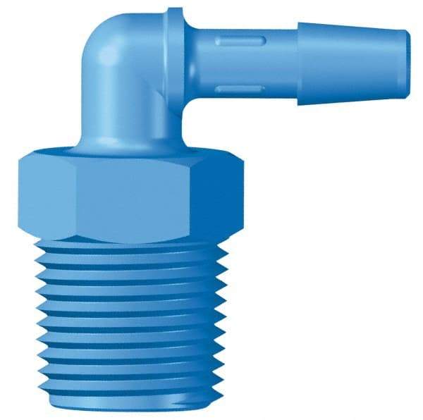 Made in USA - 1/4" Barb, 1/4, HDPE Single Barbed Tube Threaded Elbow - Blue, Male - Benchmark Tooling