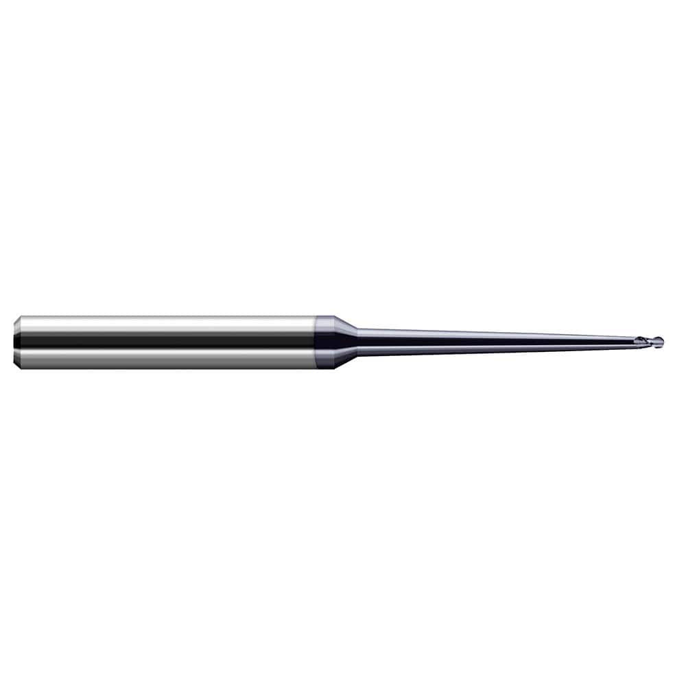 Ball End Mill: 0.015″ Dia, 0.023″ LOC, 4 Flute, Solid Carbide 2-1/2″ OAL, 1/8″ Shank Dia, 30 ° Helix, AlTiN Nano Coated, Single End