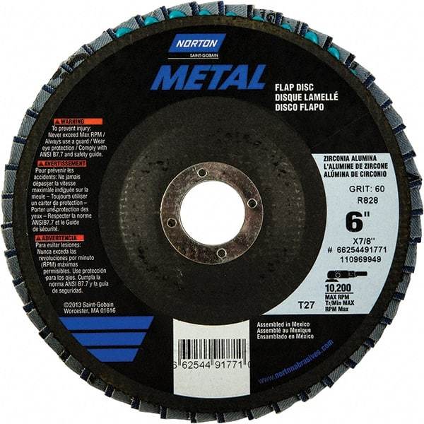 Norton - 60 Grit, 6" Disc Diam, 7/8" Center Hole, Type 27 Zirconia Alumina Flap Disc - 10,200 Max RPM, Fiberglass Backing, Arbor Attaching System, Coated - Benchmark Tooling