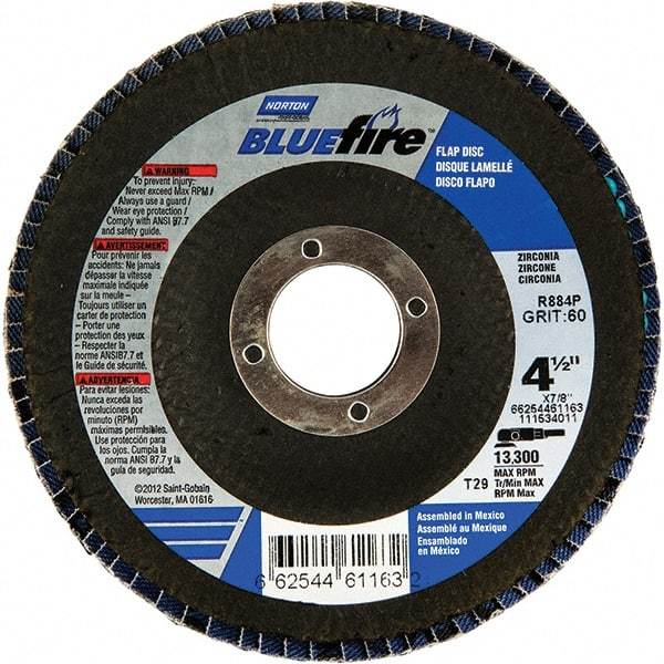 Norton - 24 Grit, 4-1/2" Disc Diam, 7/8" Center Hole, Type 29 Zirconia Alumina Flap Disc - 13,300 Max RPM, Fiberglass Backing, Arbor Attaching System, Coated - Benchmark Tooling