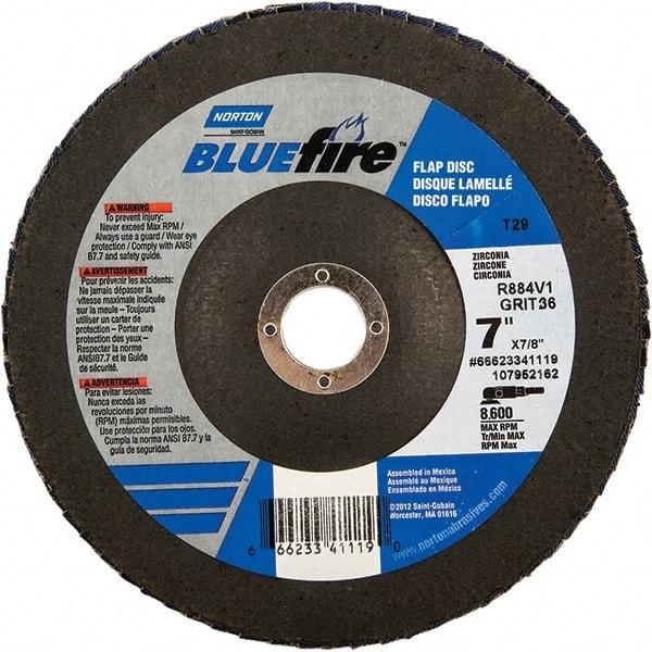 Norton - 24 Grit, 7" Disc Diam, 7/8" Center Hole, Type 29 Zirconia Alumina Flap Disc - 8,600 Max RPM, Fiberglass Backing, Arbor Attaching System, Coated - Benchmark Tooling