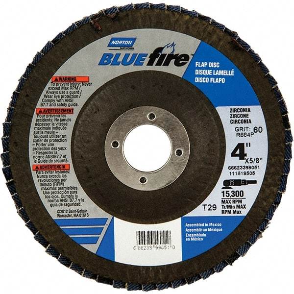 Norton - 60 Grit, 4" Disc Diam, 5/8" Center Hole, Type 29 Zirconia Alumina Flap Disc - 15,300 Max RPM, Fiberglass Backing, Arbor Attaching System, Coated - Benchmark Tooling