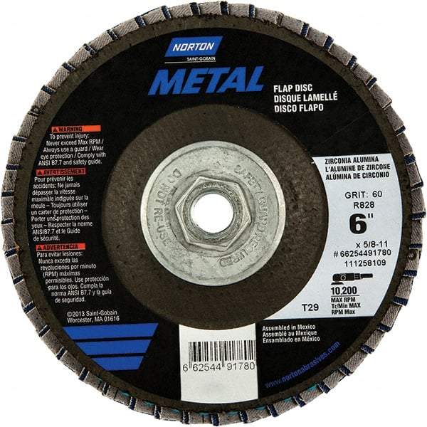 Norton - 60 Grit, 6" Disc Diam, 5/8-11 Center Hole, Type 29 Zirconia Alumina Flap Disc - 10,200 Max RPM, Fiberglass Backing, Arbor Attaching System, Coated - Benchmark Tooling