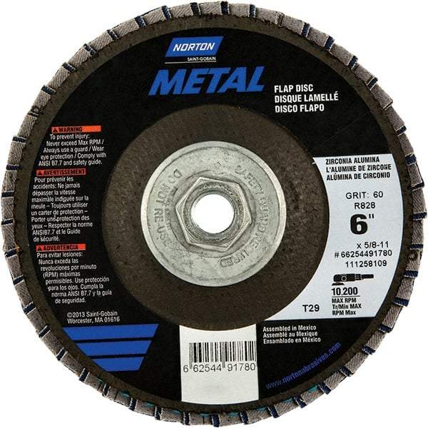 Norton - 80 Grit, 6" Disc Diam, 5/8-11 Center Hole, Type 29 Zirconia Alumina Flap Disc - 10,200 Max RPM, Fiberglass Backing, Arbor Attaching System, Coated - Benchmark Tooling