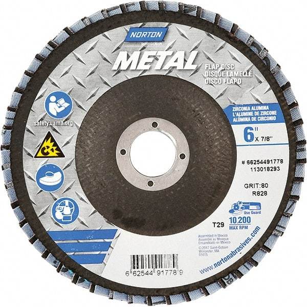 Norton - 80 Grit, 6" Disc Diam, 7/8" Center Hole, Type 29 Zirconia Alumina Flap Disc - 10,200 Max RPM, Fiberglass Backing, Arbor Attaching System, Coated - Benchmark Tooling