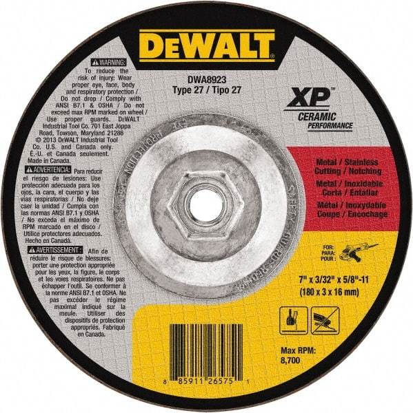 DeWALT - 7" Wheel Diam, 3/32" Wheel Thickness, 5/8" Arbor Hole, Type 27 Depressed Center Wheel - Fine/Coarse Grade, Ceramic, 8,700 Max RPM - Benchmark Tooling