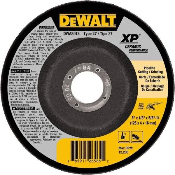 DeWALT - 5" Wheel Diam, 1/8" Wheel Thickness, 5/8" Arbor Hole, Type 27 Depressed Center Wheel - Fine/Coarse Grade, Ceramic, 12,200 Max RPM - Benchmark Tooling