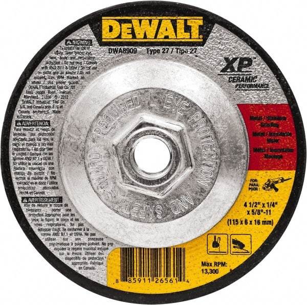 DeWALT - 4-1/2" Wheel Diam, 1/4" Wheel Thickness, 5/8" Arbor Hole, Type 27 Depressed Center Wheel - Fine/Coarse Grade, Ceramic, 13,300 Max RPM - Benchmark Tooling