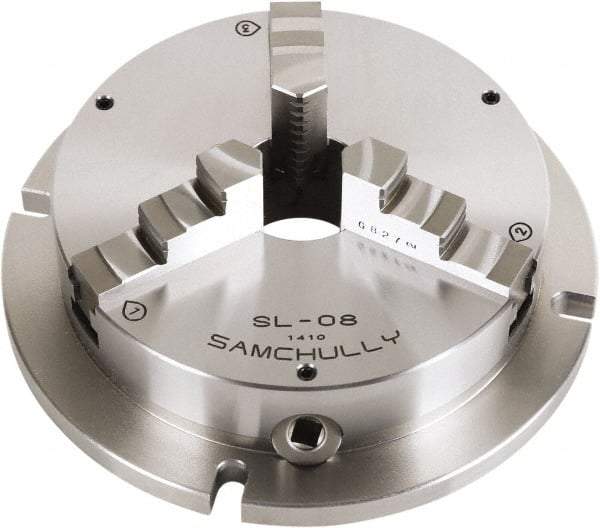 Samchully - 3 Jaw, 305mm Diam, Self Centering Manual Lathe Chuck - Plain Back Mount, Adjustable, 100mm Through Hole Diam, Forged Steel - Benchmark Tooling