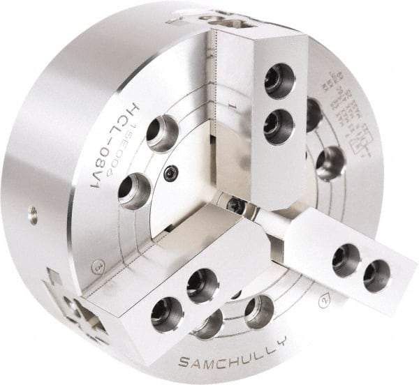 Samchully - 3 Jaw, 110mm Chuck Diam, Plain Back Mount, 0mm Through Hole Diam, Drawbar Hydraulic Power Lathe Chuck - 1.5mm x 60° Serrated Jaw Interface, 5,000 RPM, Steel Body - Benchmark Tooling