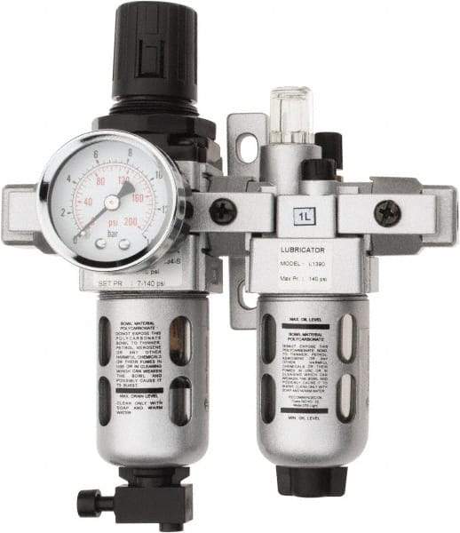 PRO-SOURCE - 1/8" NPT Port Miniature 2 Piece Filter/Regulator-Lubricator FRL Unit - Polycarbonate Bowl, 14 SCFM, 145 Max psi, 6.69" High, Manual Drain - Benchmark Tooling