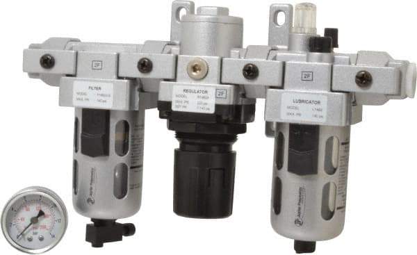 PRO-SOURCE - 3/8" NPT Port Intermediate 3 Piece Filter-Regulator-Lubricator FRL Unit - Polycarbonate Bowl, 71 SCFM, 145 Max psi, 8.66" High, Manual Drain - Benchmark Tooling
