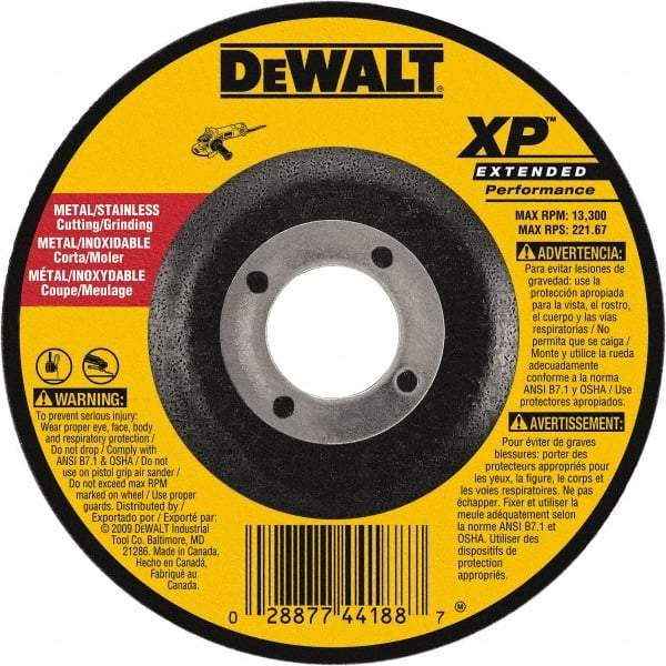DeWALT - 24 Grit, 9" Wheel Diam, 1/8" Wheel Thickness, 7/8" Arbor Hole, Type 27 Depressed Center Wheel - Zirconia Alumina, Resinoid Bond, 6,600 Max RPM, Compatible with Angle Grinder - Benchmark Tooling