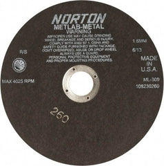 Norton - 9" Aluminum Oxide Cutoff Wheel - 0.063" Thick, 1-1/4" Arbor, 4,025 Max RPM, Use with Stationary Tools - Benchmark Tooling