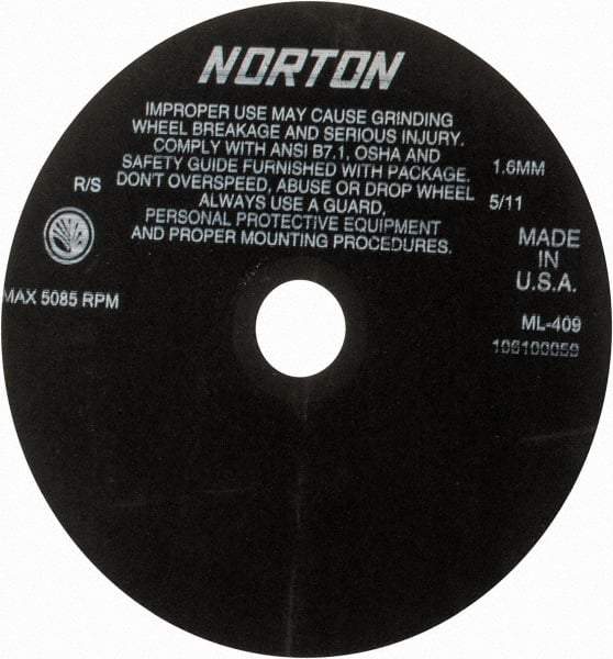 Norton - 9" Aluminum Oxide Cutoff Wheel - 0.063" Thick, 1-1/4" Arbor, 5,085 Max RPM, Use with Stationary Tools - Benchmark Tooling