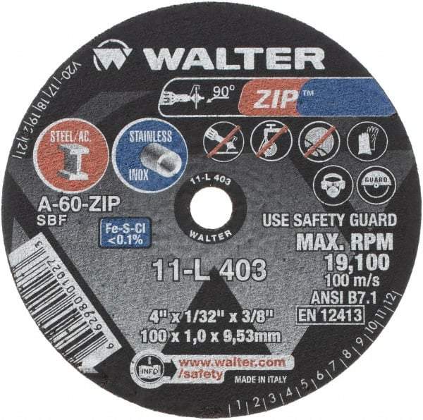 WALTER Surface Technologies - 4" 60 Grit Aluminum Oxide Cutoff Wheel - 1/32" Thick, 3/8" Arbor, 19,100 Max RPM, Use with Die Grinders - Benchmark Tooling