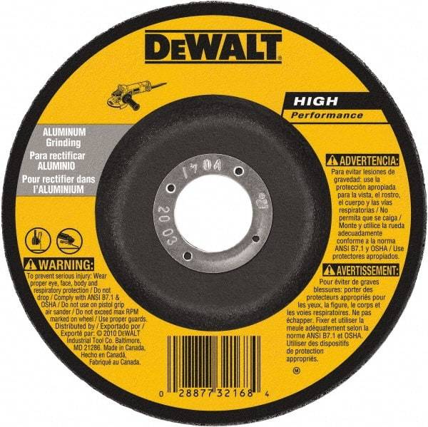 DeWALT - 30 Grit, 5" Wheel Diam, 1/4" Wheel Thickness, 7/8" Arbor Hole, Type 27 Depressed Center Wheel - Aluminum Oxide, 12,200 Max RPM, Compatible with Angle Grinder - Benchmark Tooling
