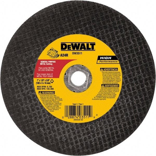 DeWALT - 7" 24 Grit Aluminum Oxide Cutoff Wheel - 1/8" Thick, 5/8" Arbor, 8,700 Max RPM, Use with Angle Grinders - Benchmark Tooling