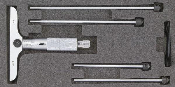SPI - 0 to 12" Range, 12 Rod, Mechanical Depth Micrometer - Ratchet Stop Thimble, 2-1/2" Base Length, 0.001" Graduation, 4.5mm Rod Diam - Benchmark Tooling