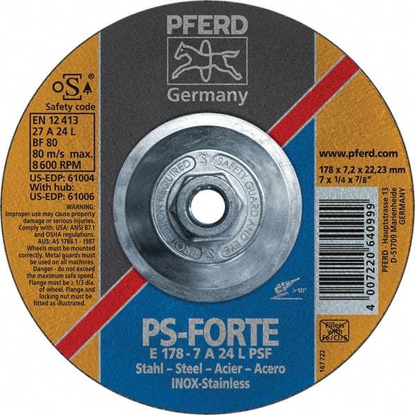 PFERD - 46 Grit, 7" Wheel Diam, 1/4" Wheel Thickness, Type 27 Depressed Center Wheel - Aluminum Oxide - Benchmark Tooling