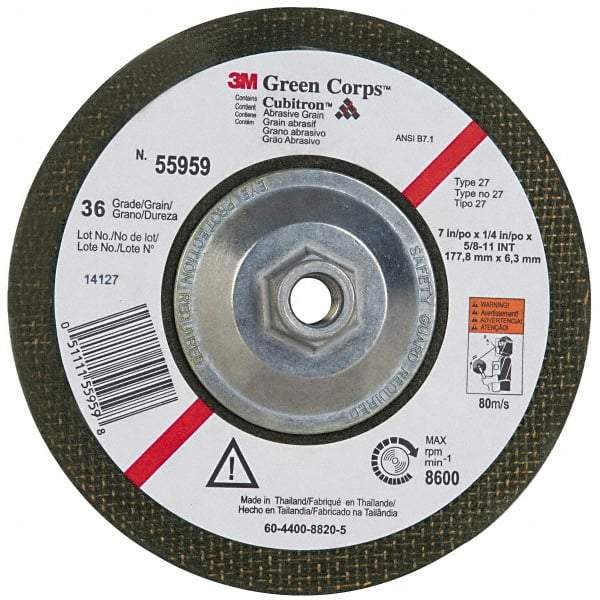 3M - 36 Grit, 7" Wheel Diam, 1/4" Wheel Thickness, Type 27 Depressed Center Wheel - Ceramic, 8,600 Max RPM, Compatible with Angle Grinder - Benchmark Tooling