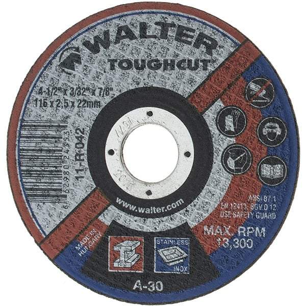 Value Collection - 4-1/2" 30 Grit Aluminum Oxide Cutoff Wheel - 3/32" Thick, 7/8" Arbor, 13,300 Max RPM - Benchmark Tooling